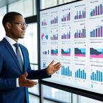 A professional, diverse business consultant, fully clothed in a modest business suit, actively engaged in a bright, modern office. They are standing beside a translucent, interactive digital display showing intricate data visualizations, with a focused expression, demonstrating human intuition guiding artificial intelligence insights. The background features blurred, collaborative workspaces and natural light. Perfect anatomy, correct proportions, natural pose, well-formed hands, proper finger count, natural body proportions. Safe for work, appropriate content, professional, high quality studio photography.