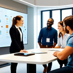A diverse group of professional individuals, fully clothed in appropriate business and smart casual attire, engaged in a collaborative brainstorming session around a large interactive digital display in a contemporary, sunlit co-working office. Their natural poses and expressions reflect active discussion and idea generation. The image emphasizes a culture of open innovation. Perfect anatomy, correct proportions, well-formed hands, natural body proportions, safe for work, appropriate content, professional, modest clothing.