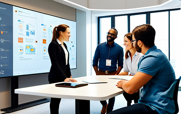 A diverse group of professional individuals, fully clothed in appropriate business and smart casual attire, engaged in a collaborative brainstorming session around a large interactive digital display in a contemporary, sunlit co-working office. Their natural poses and expressions reflect active discussion and idea generation. The image emphasizes a culture of open innovation. Perfect anatomy, correct proportions, well-formed hands, natural body proportions, safe for work, appropriate content, professional, modest clothing.
