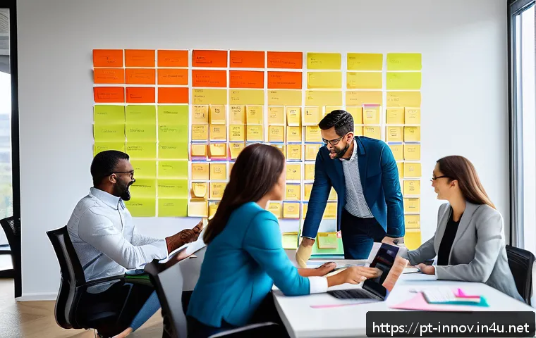 혁신경영컨설팅 업무 일정 관리 - A modern office scene showing a diverse team of professional management consultants collaborating ar...